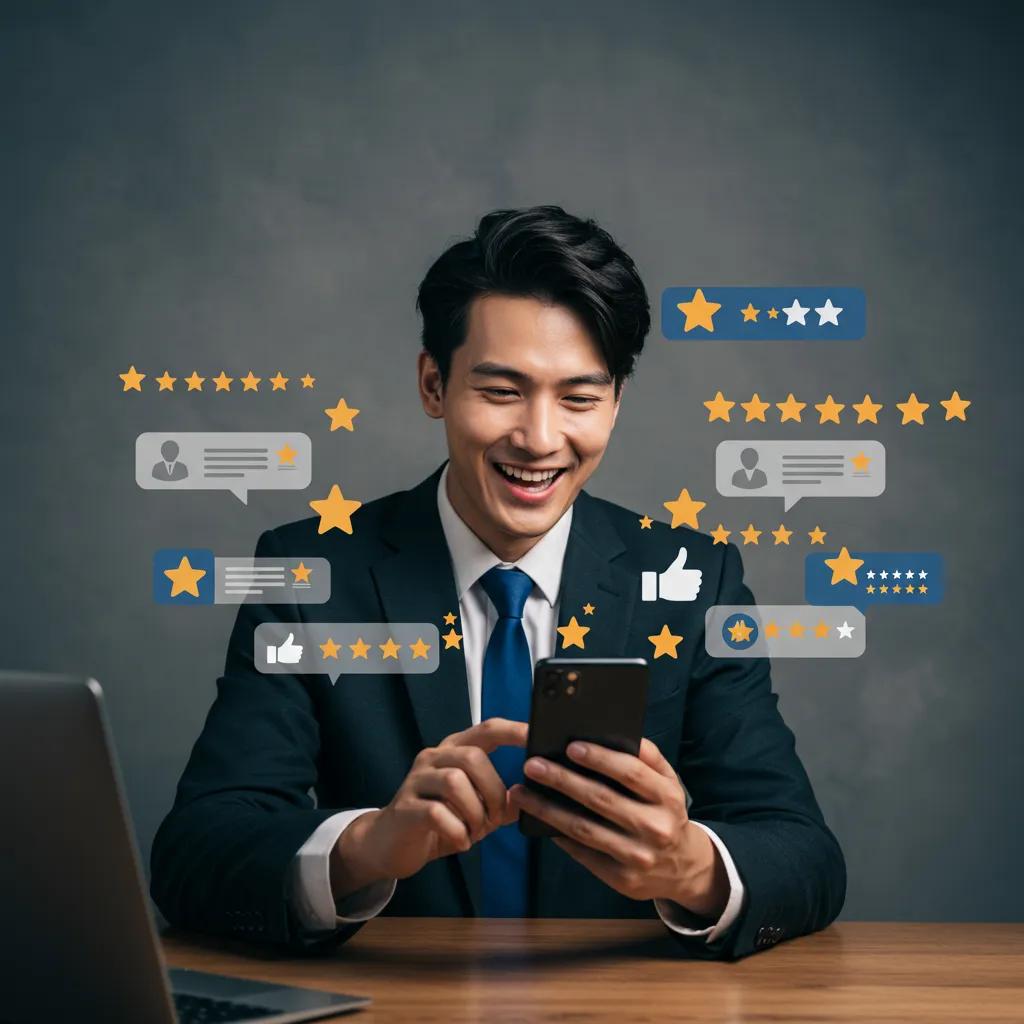 A business owner reviewing positive customer feedback on a mobile device, highlighting the critical role of local reviews for SEO success