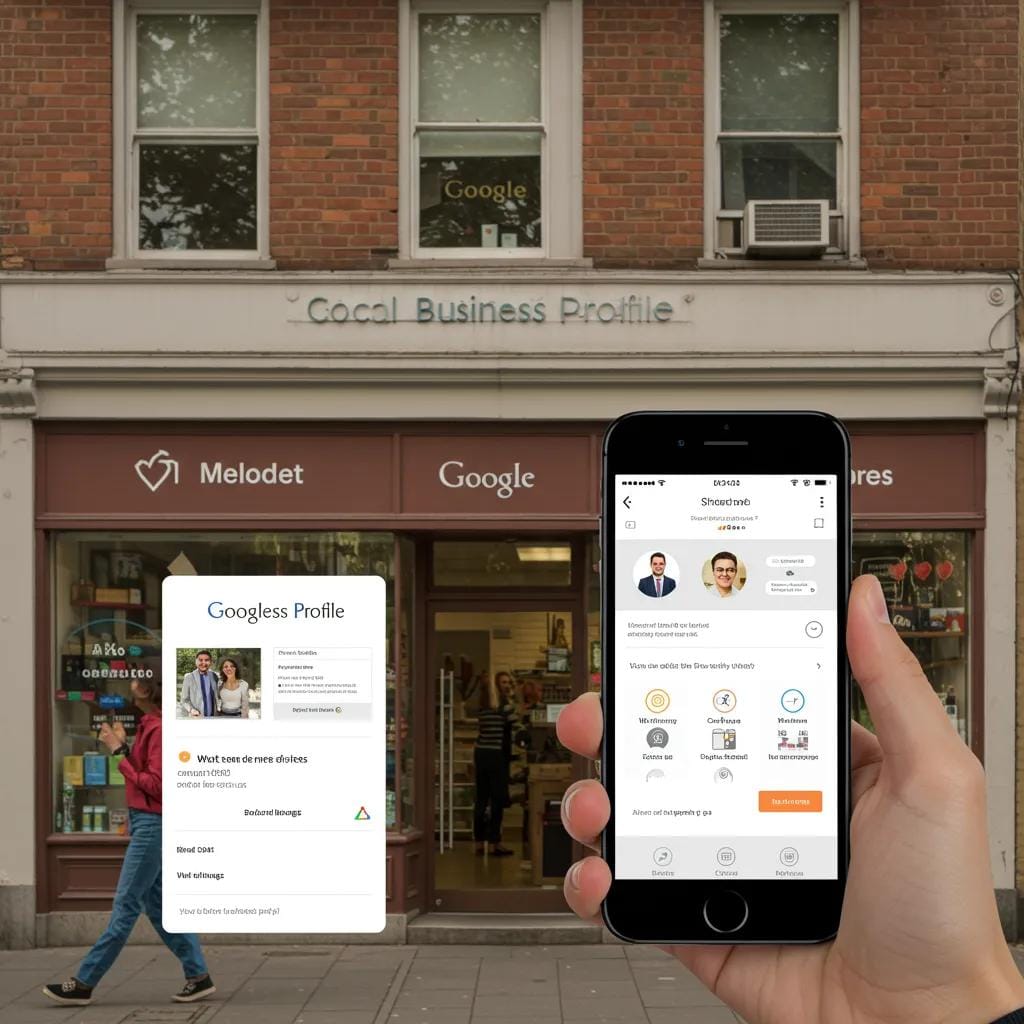 Local business storefront with Google Business Profile displayed on smartphone
