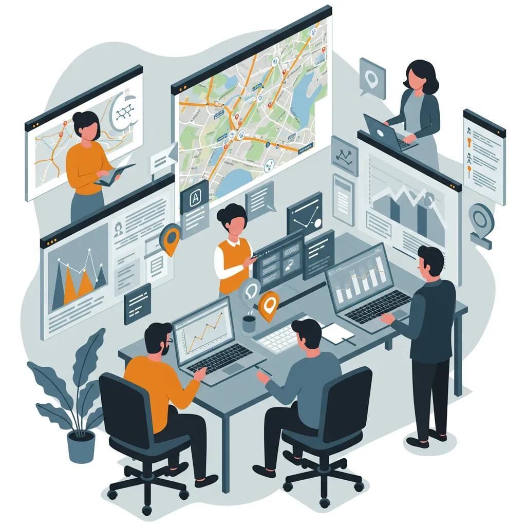 Our expert team collaborating on advanced AI-driven local SEO strategies in a dynamic office environment