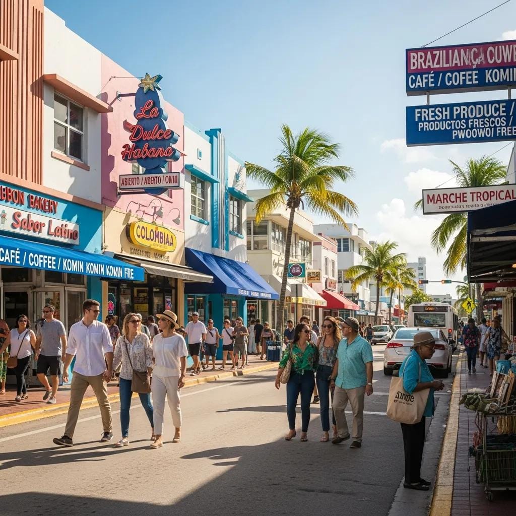 Busy South Florida street with local storefronts and a diverse mix of customers