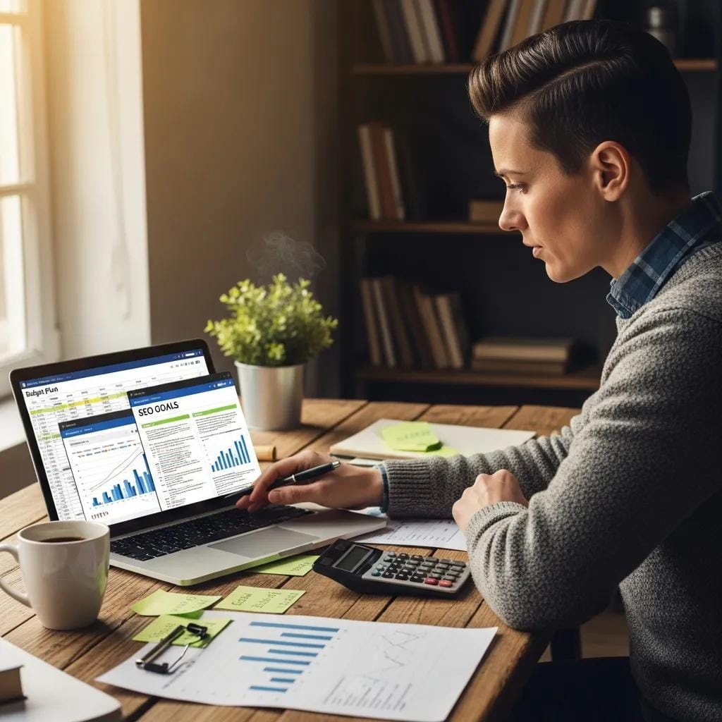 Small business owner planning Paid Media goals and budget at a desk