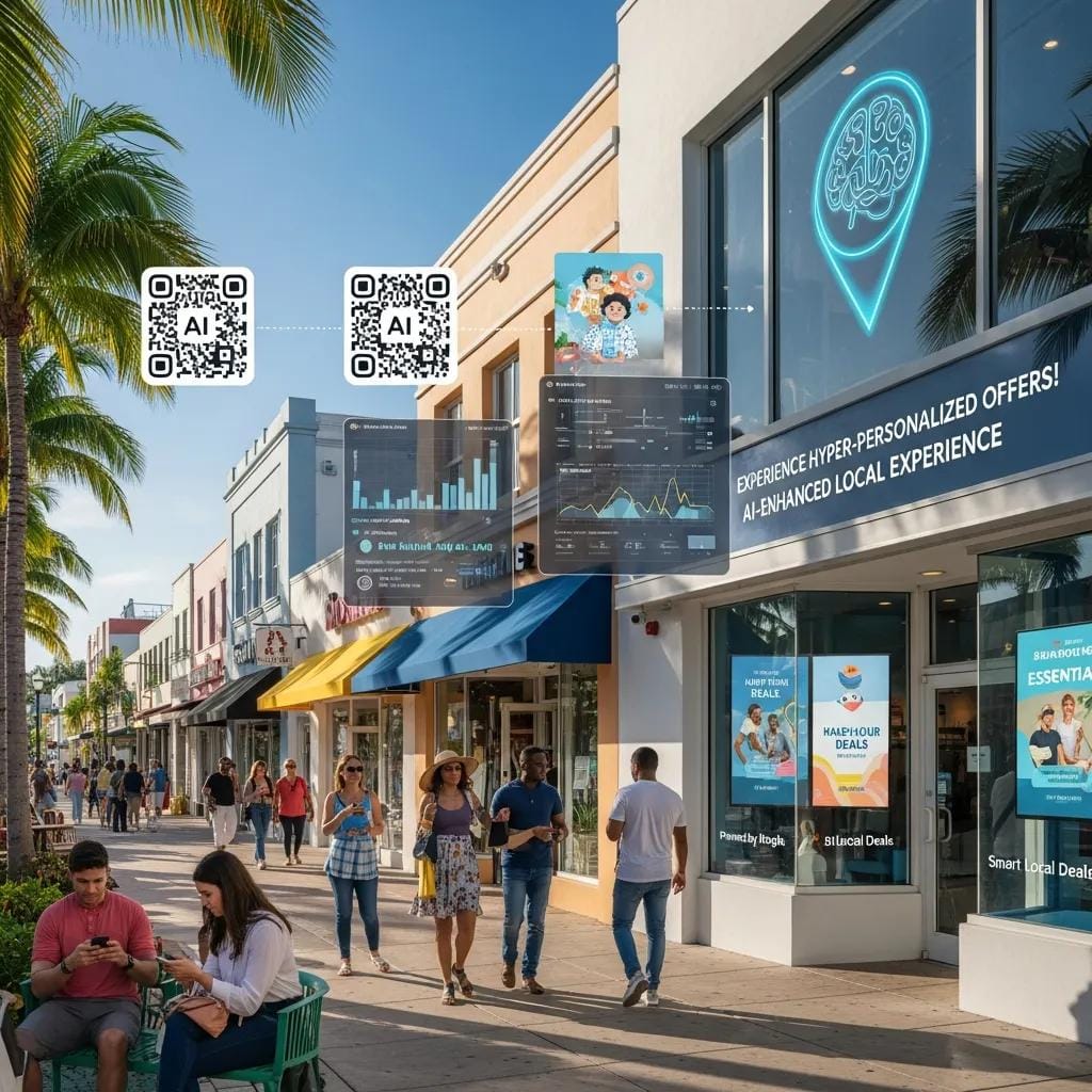 Busy South Florida street scene showing local businesses and mobile engagement