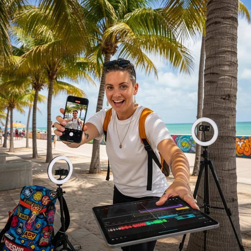 Creator filming a short-form video in South Florida using AI-assisted tools