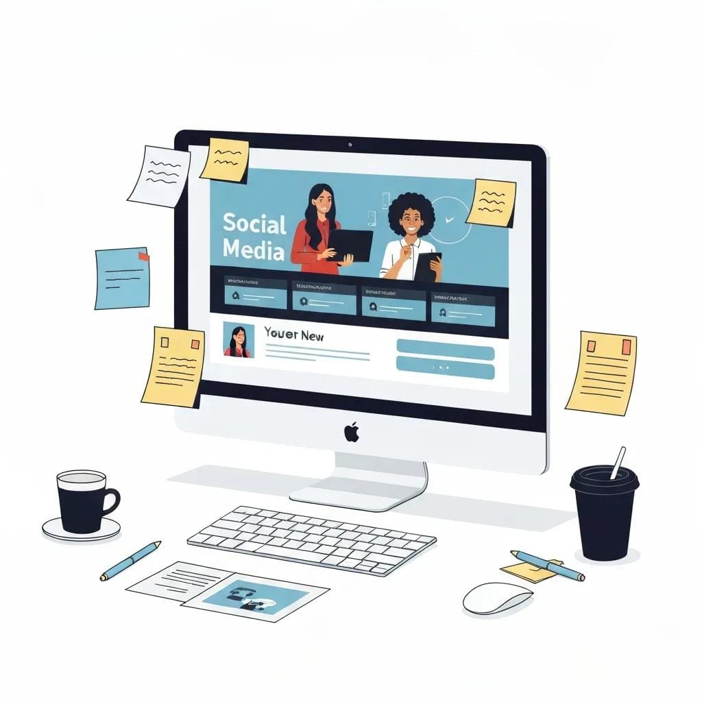 Workspace showing a social media ad campaign on a computer screen with creative visuals