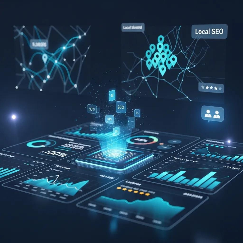 Abstract visualization of AI tools supporting local SEO strategies