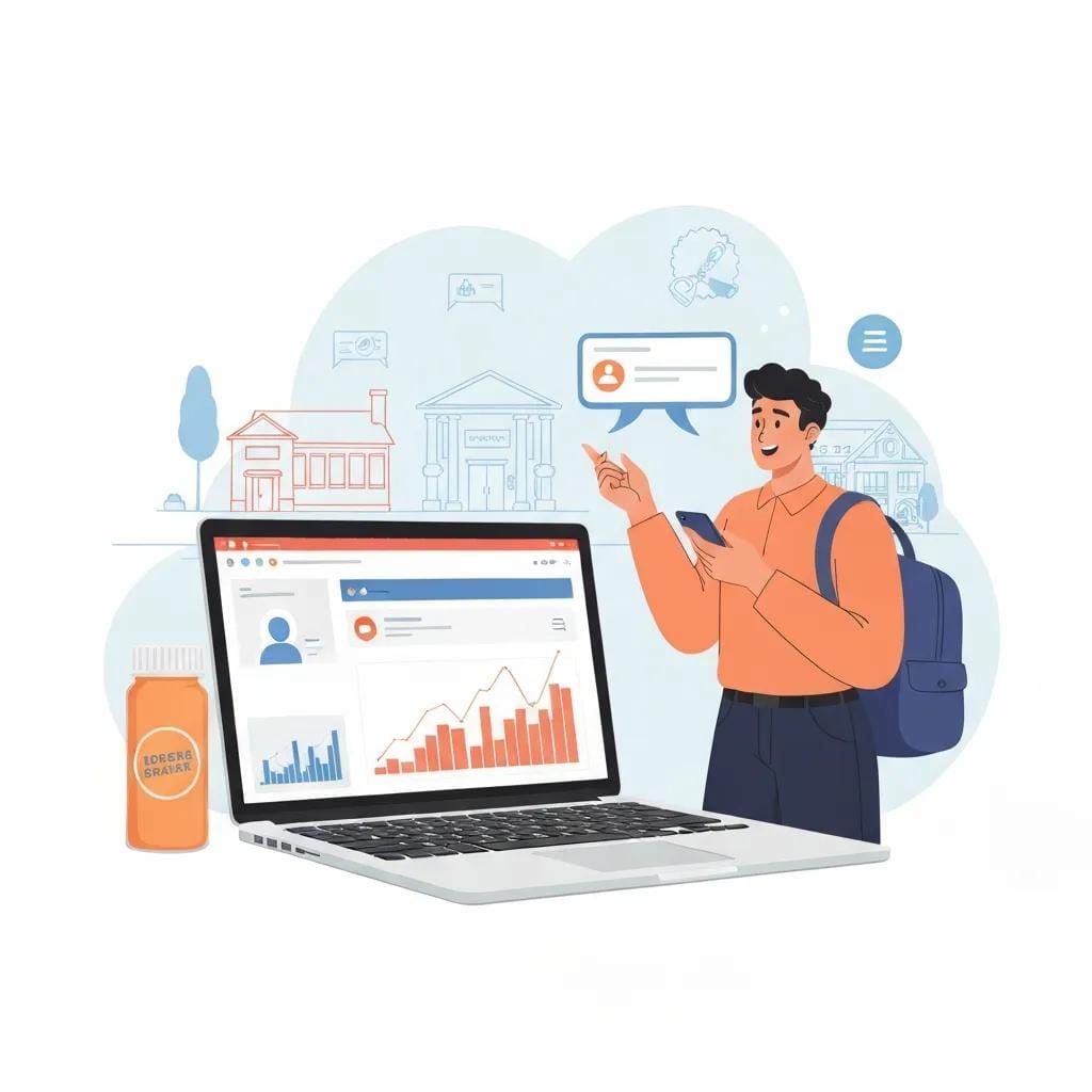 Local business owner checking social analytics on a laptop while talking with customers