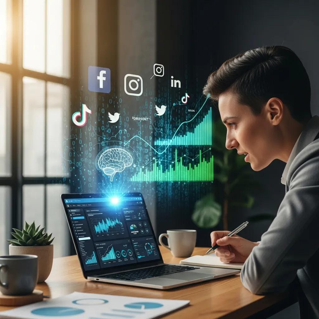 Marketing professional reviewing AI analytics to shape local social campaigns