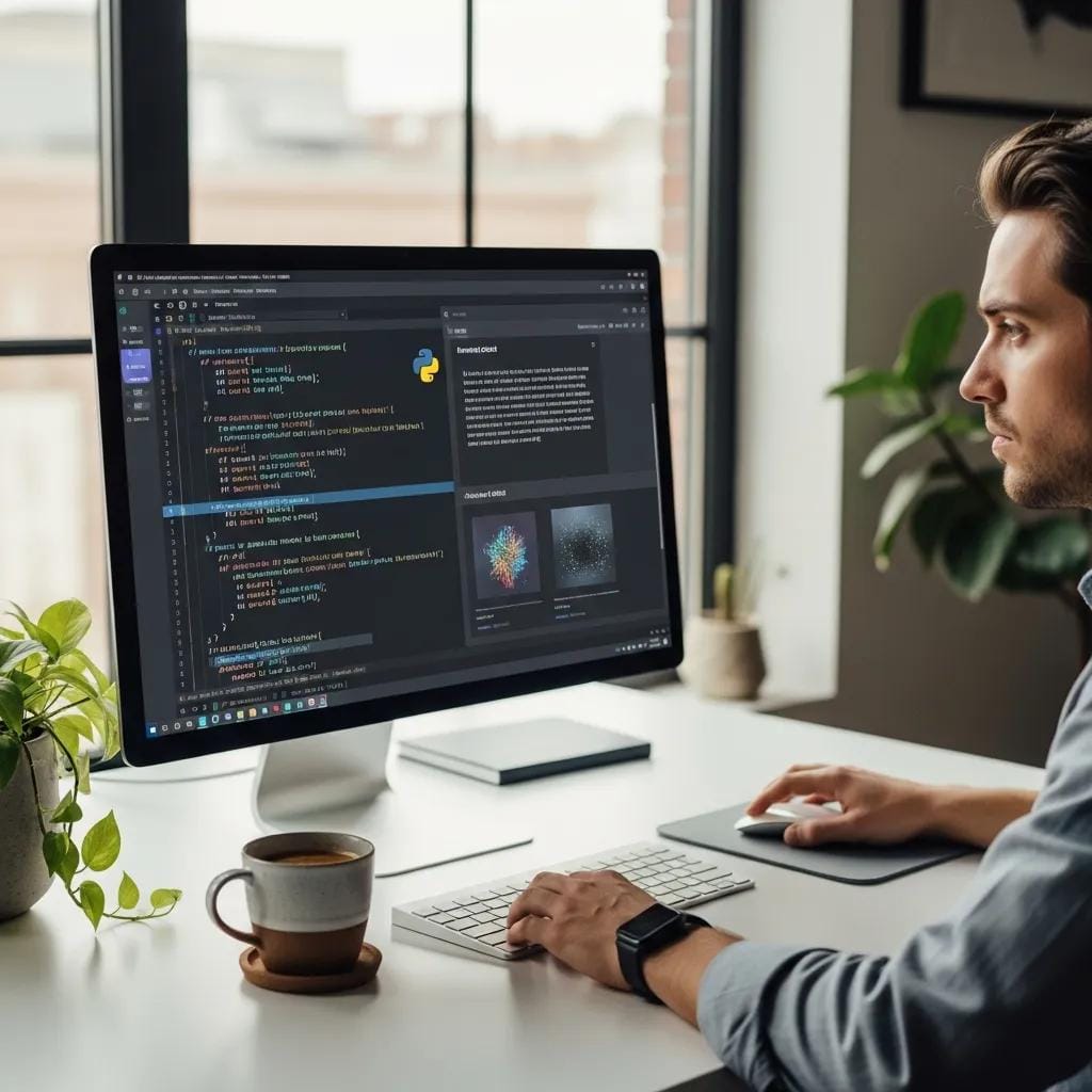 Person engaged in prompt engineering with AI-generated content on a computer screen