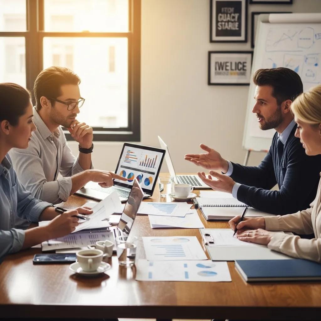 Small business team evaluating advertising agency proposals in a collaborative meeting