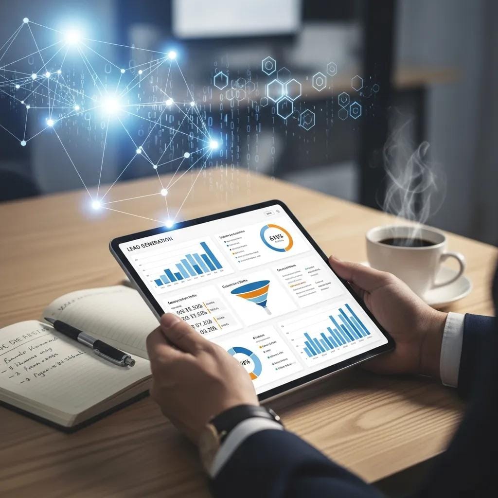 Professional reviewing AI-generated lead insights on a tablet