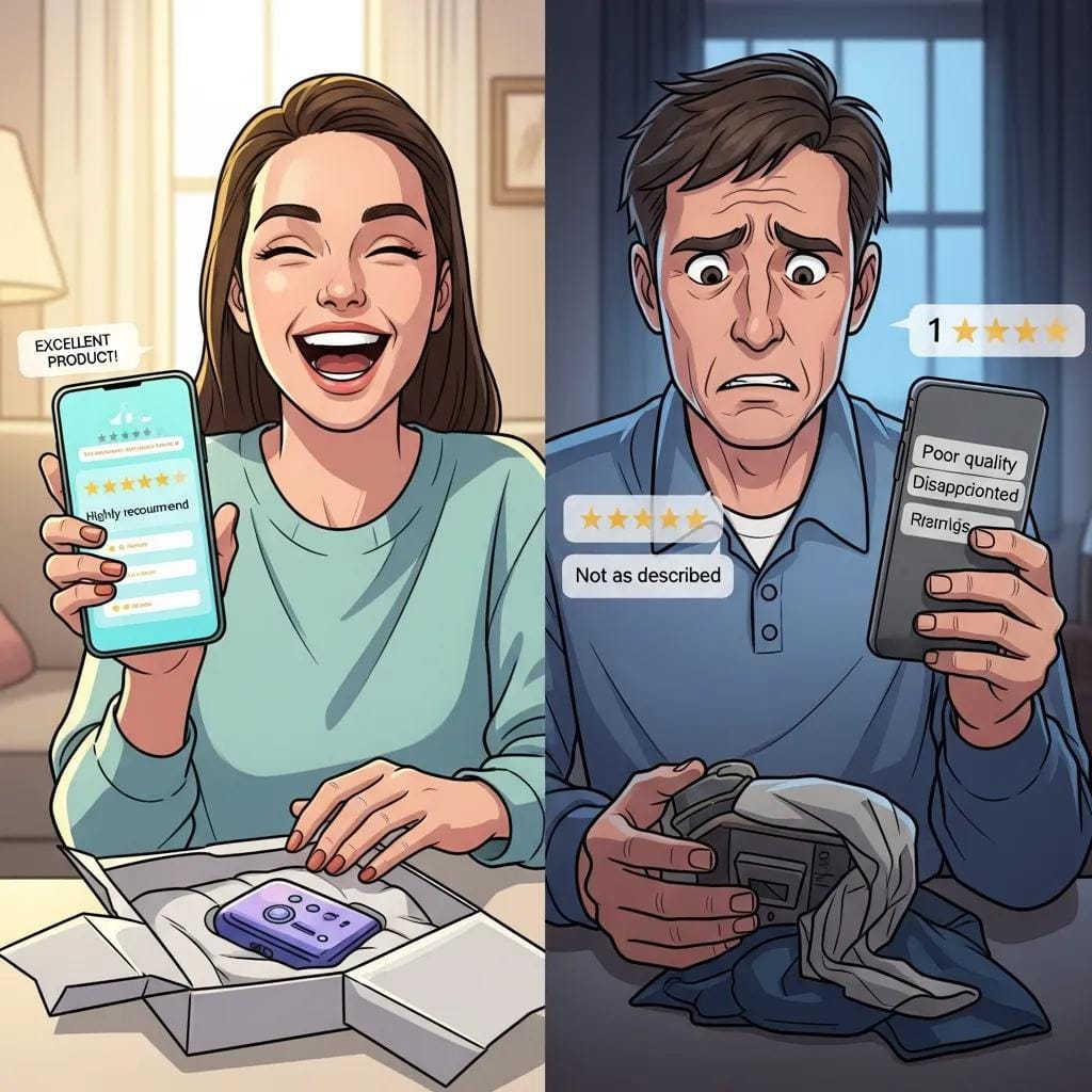 Two consumers reacting to positive and negative reviews while weighing a purchase