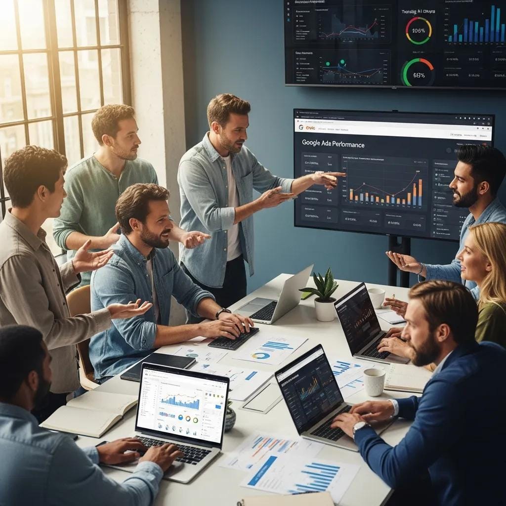 Marketing team working together to improve Google Ads results