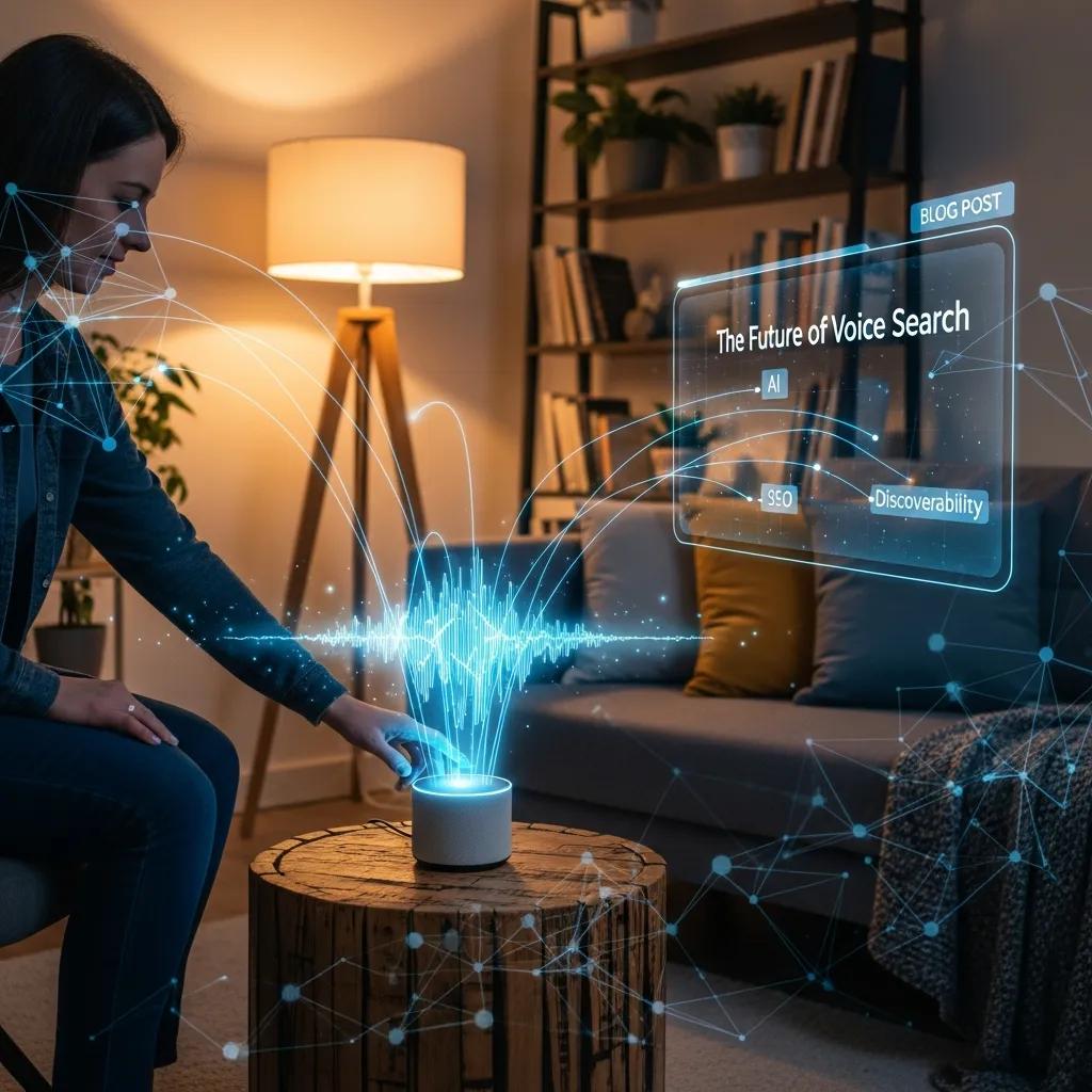 Person testing voice search on a smart speaker while reviewing blog copy