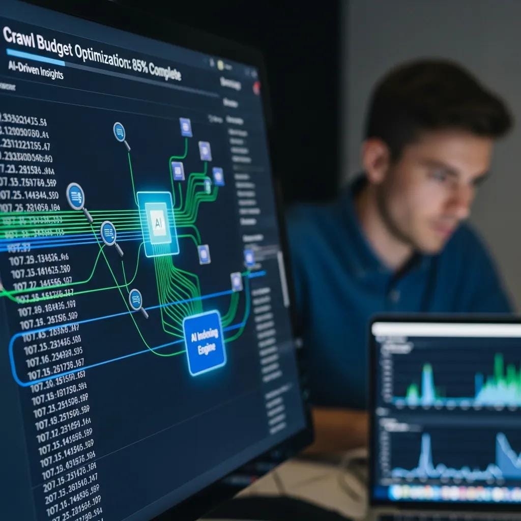 Server logs and crawl-activity visualizations on a monitoring screen