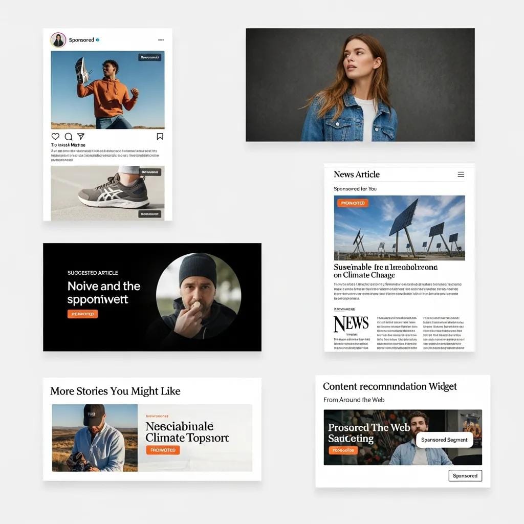 Illustration showing native ads across platforms emphasizing context and user-friendly design.