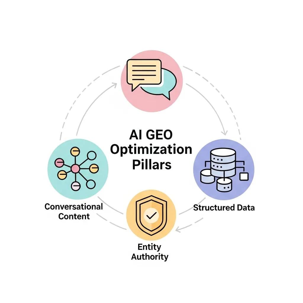Diagram showing the core pillars of AI GEO Optimization