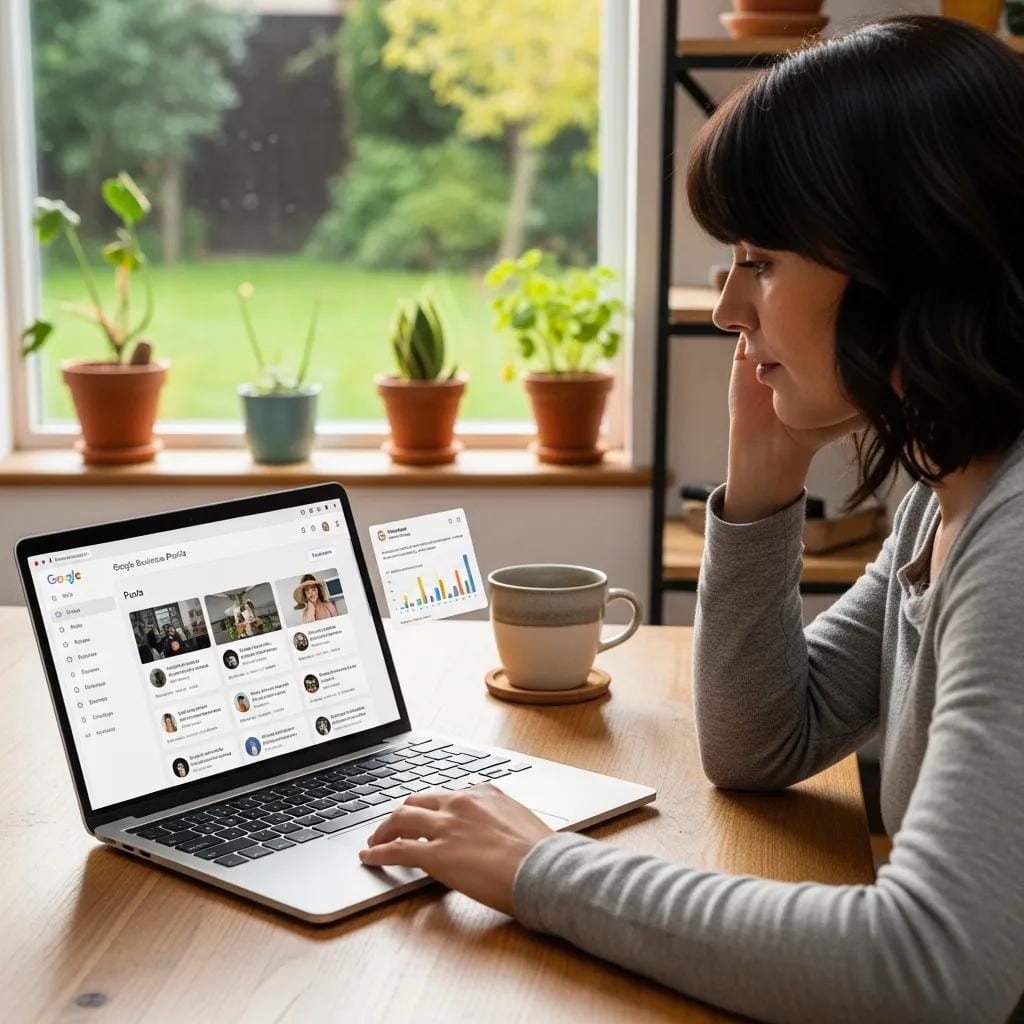 Owner updating Google Business Profile on laptop in a bright office