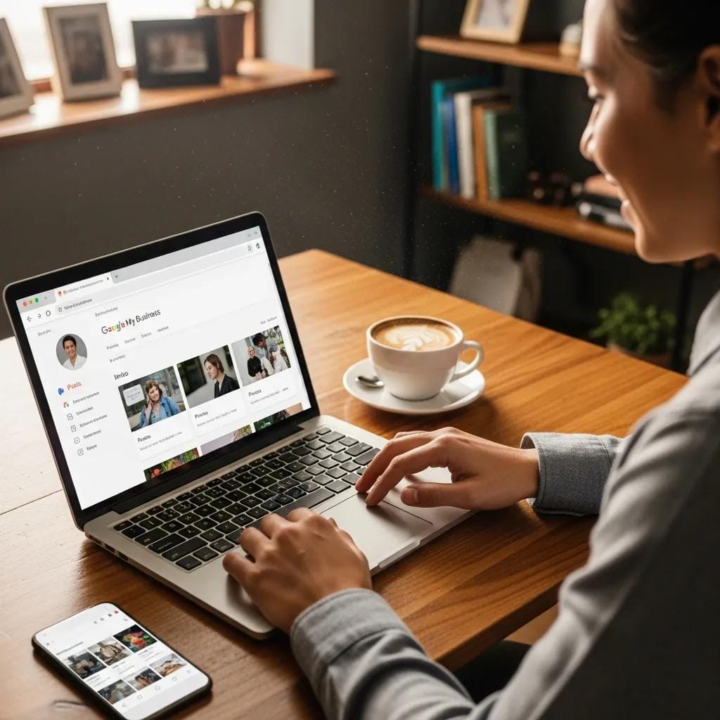 Entrepreneur updating Google Business Profile from a small office