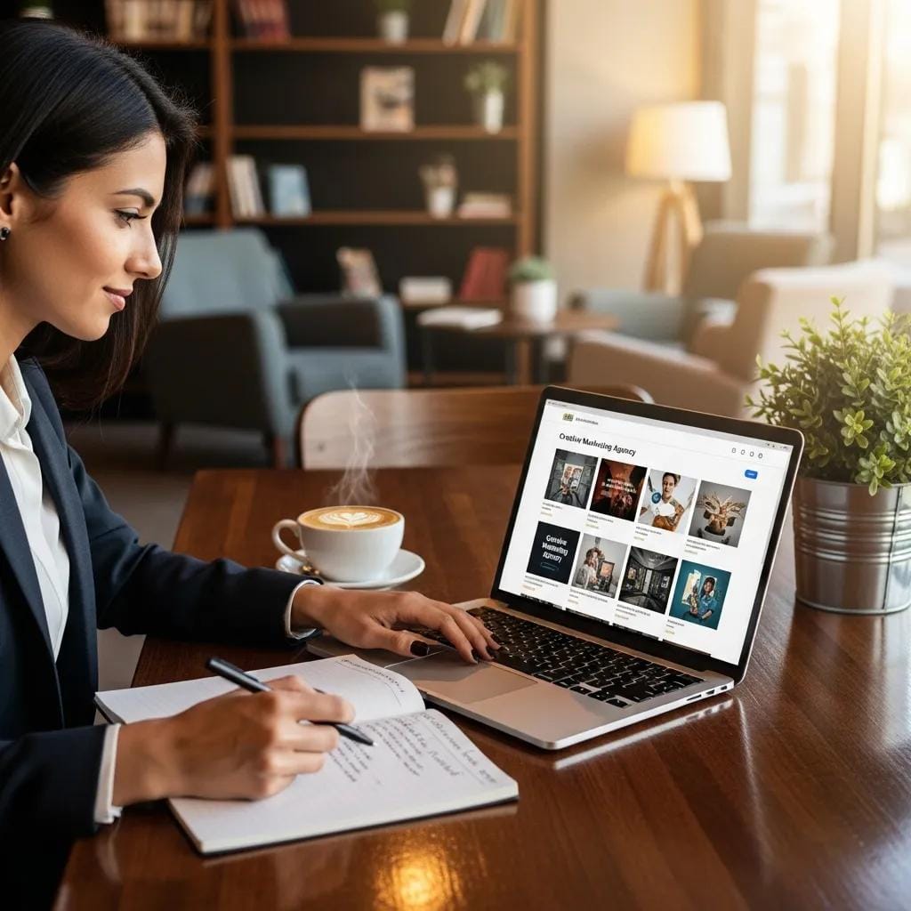 Business owner reviewing marketing agency portfolios on a laptop in a cozy setting