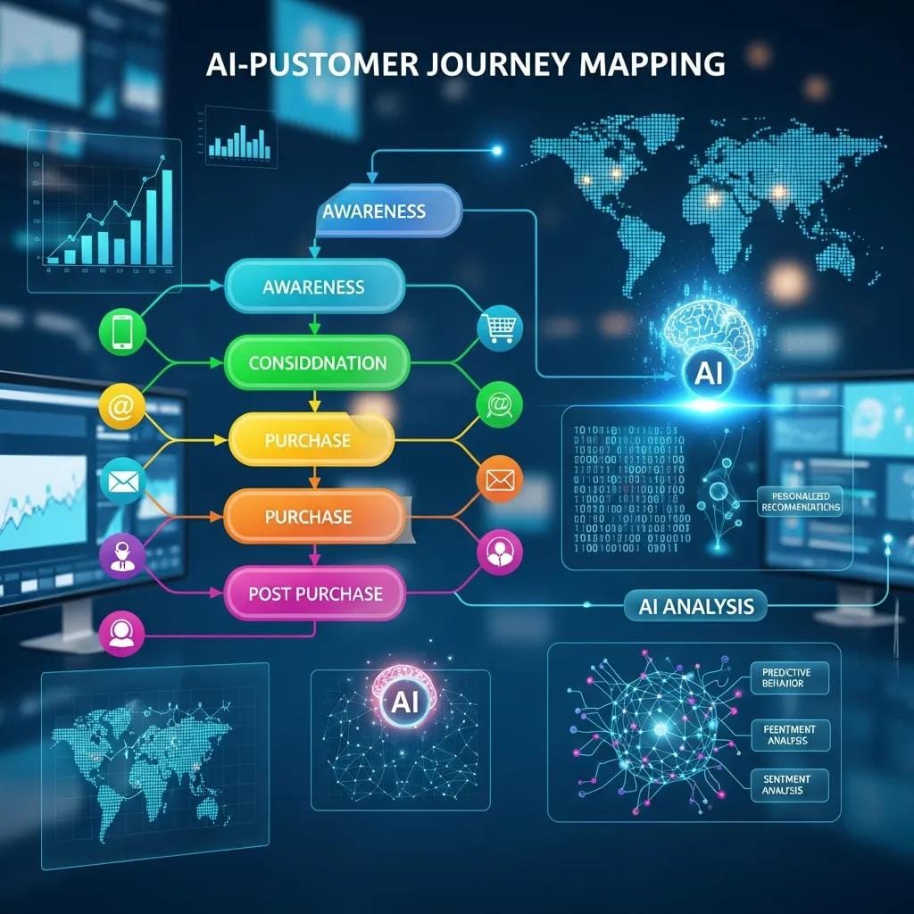 Illustration of customer journey mapping with AI showing touchpoints and interactions