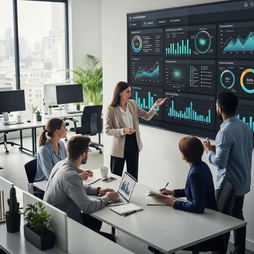 Marketers collaborating on predictive analytics for improved marketing outcomes