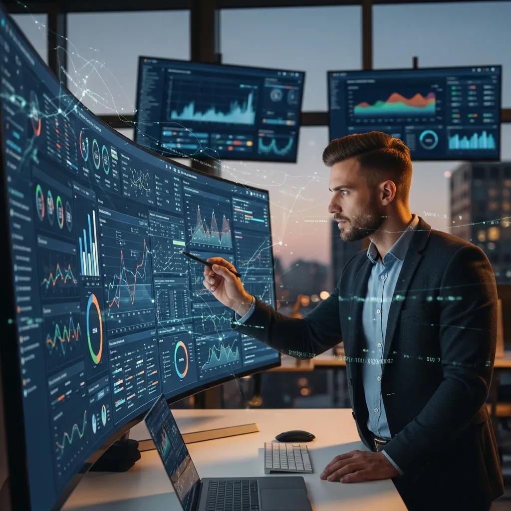 Marketing professional analyzing data on a large screen, emphasizing expertise and advanced tools