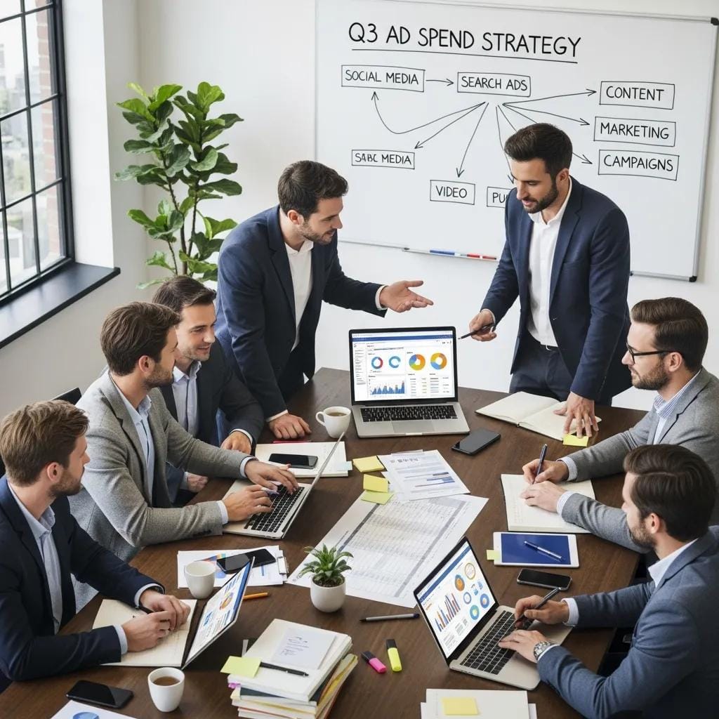 Marketing team collaborating on AI budget allocation strategies