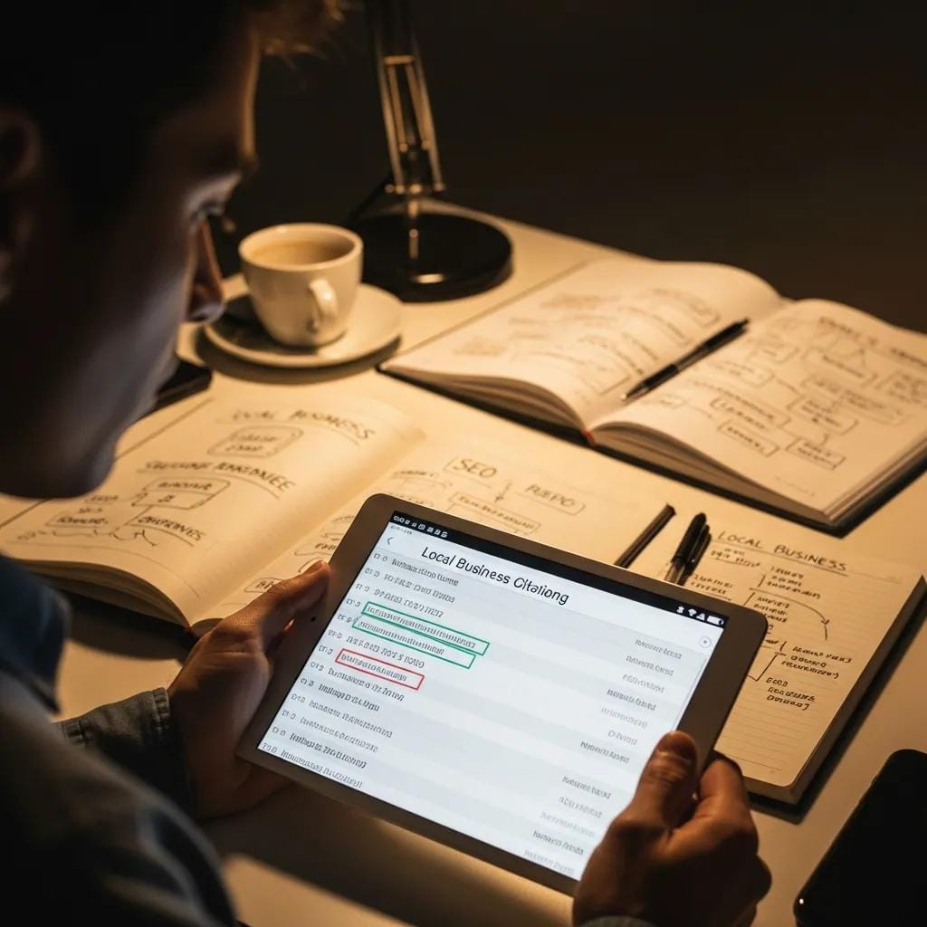 Team member reviewing local citations on a tablet at a workspace