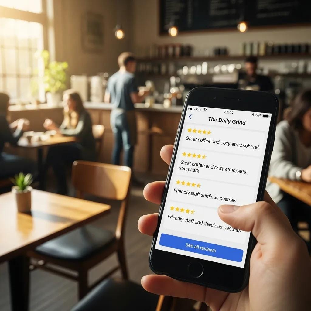 Close-up of a smartphone displaying positive customer reviews