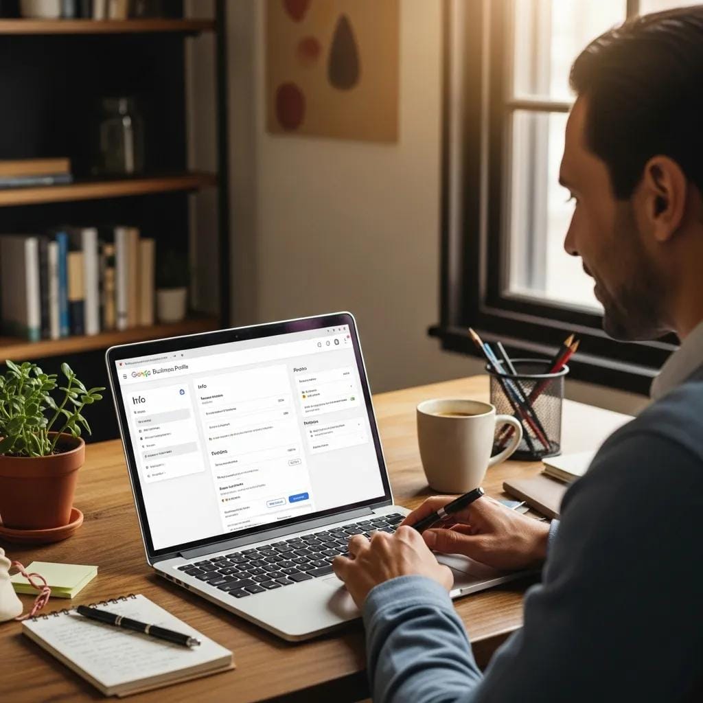 Business owner optimizing Google Business Profile on a laptop in a cozy office