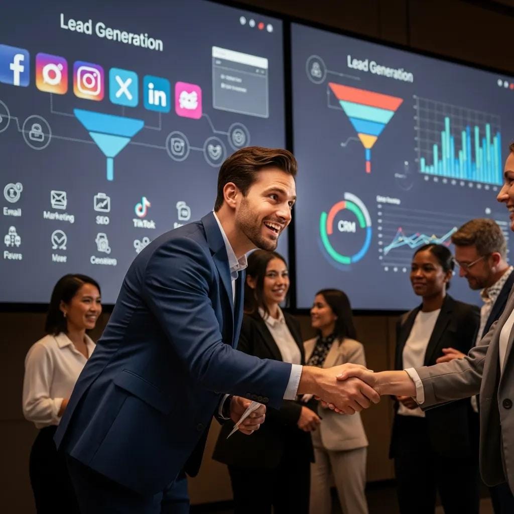 Business professional networking with potential clients, illustrating lead generation strategies