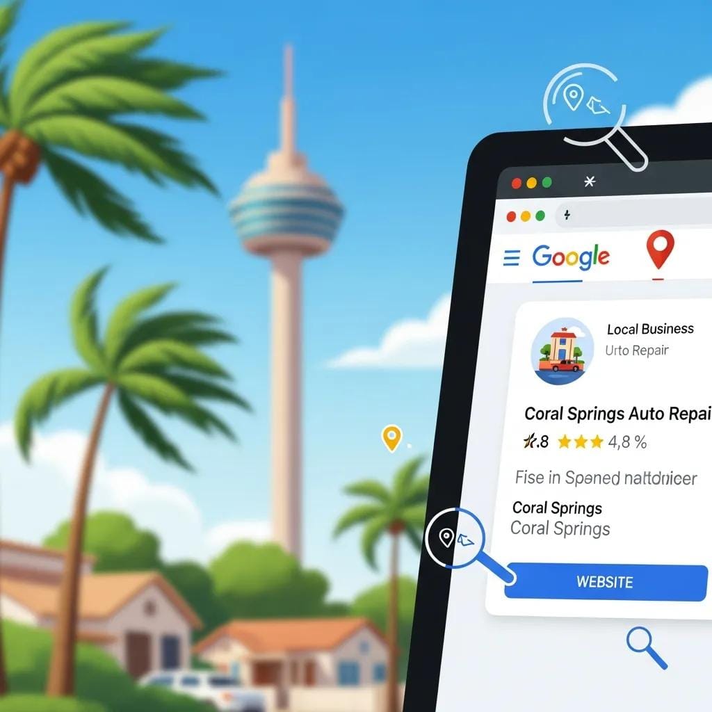 Computer screen showing local SEO results with a focus on a Coral Springs business listing