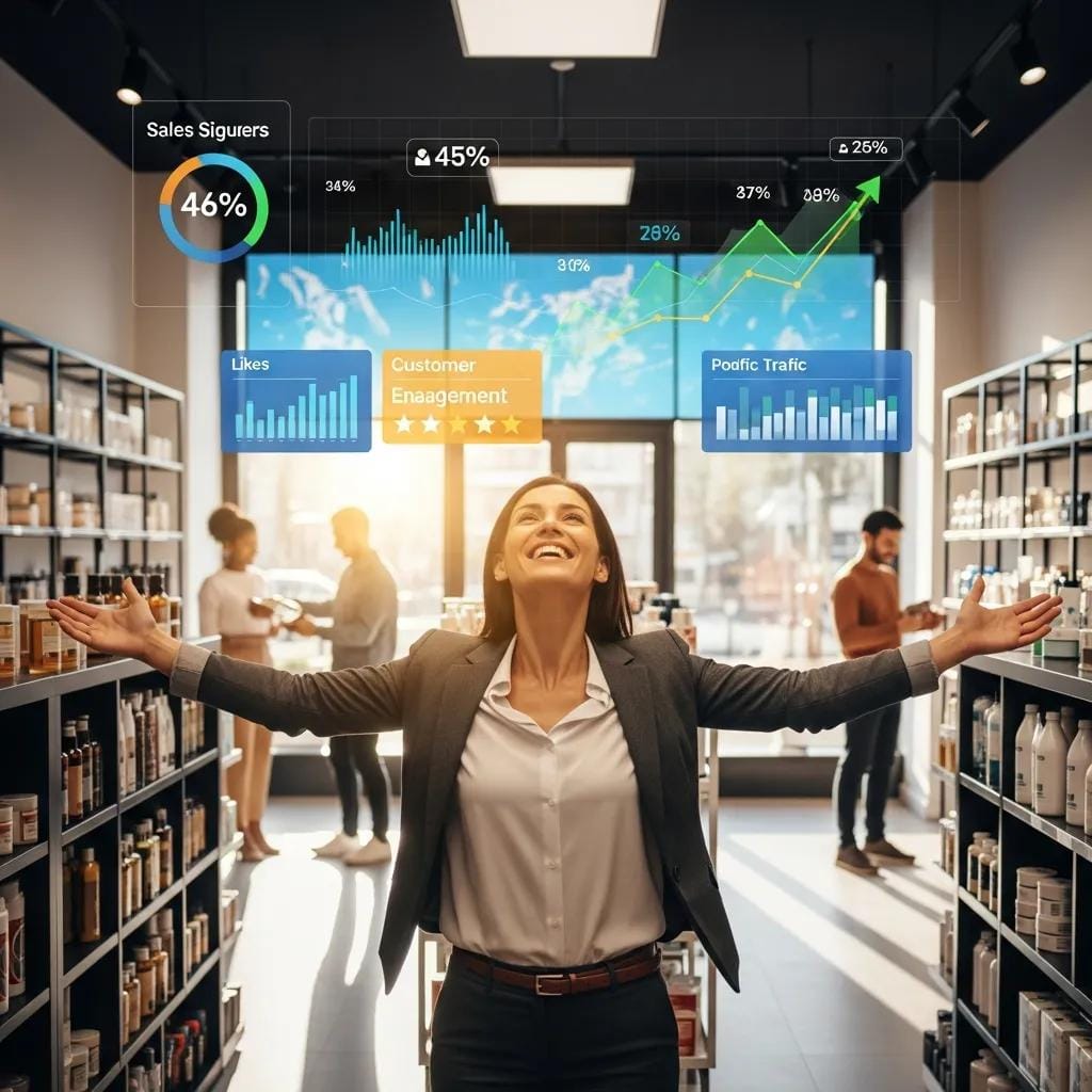 Happy business owner celebrating success in a retail store, representing client success stories