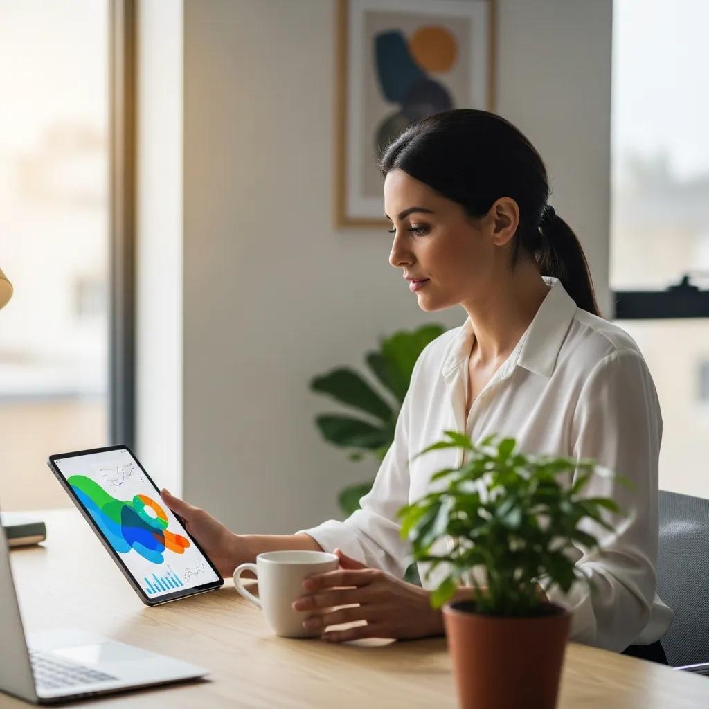Small business owner reviewing digital advertising metrics on a tablet in a modern office