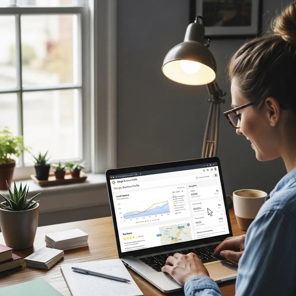 Small business owner reviewing local SEO metrics on a laptop