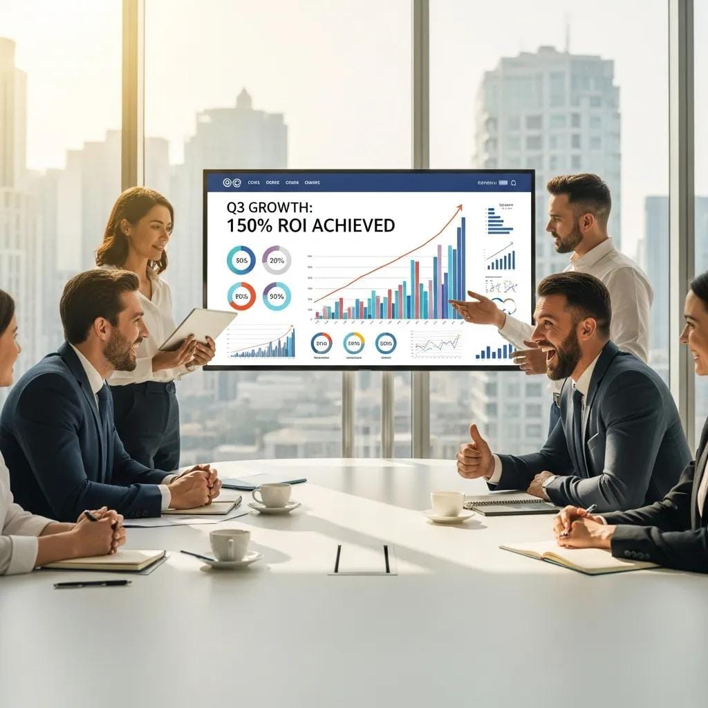 Successful business meeting showcasing digital marketing results and client satisfaction