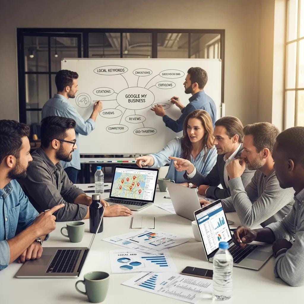 Team discussing local SEO strategies to boost business visibility in Deerfield Beach